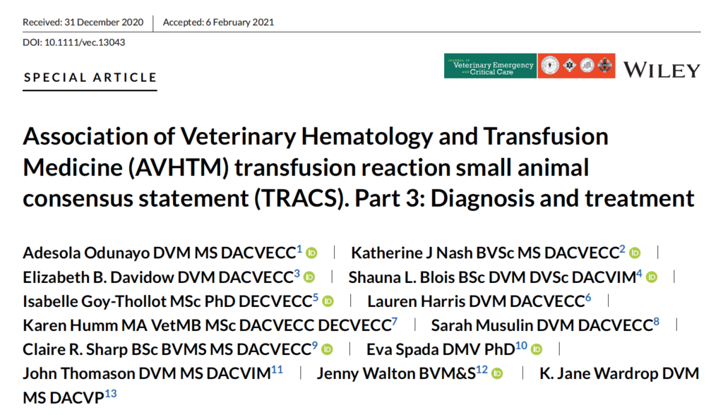 輸血反応, 対応, コンセンサスステートメント, TRACS, Transfusion Reaction small animal Consensus Statement