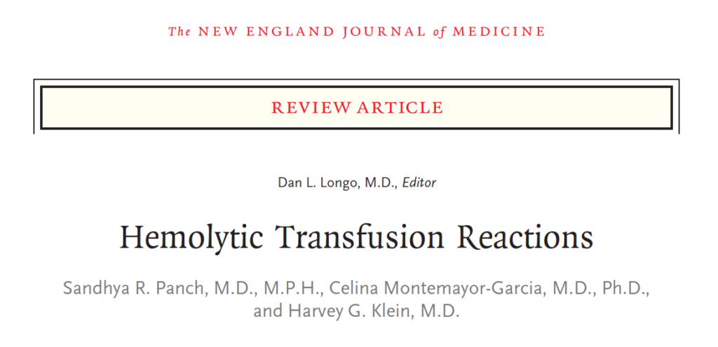 急性溶血性輸血反応, New England Journal, Hemolytic Transfusion Reaction